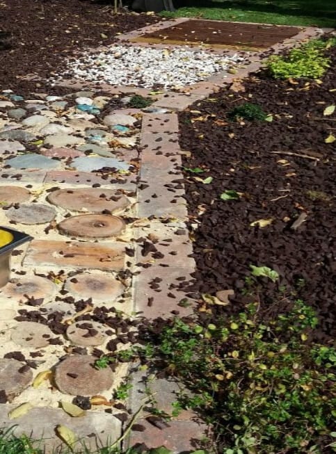 Our beautiful new sensory path in the garden with different textures for children to touch with their hands, feet or ride over with bikes.